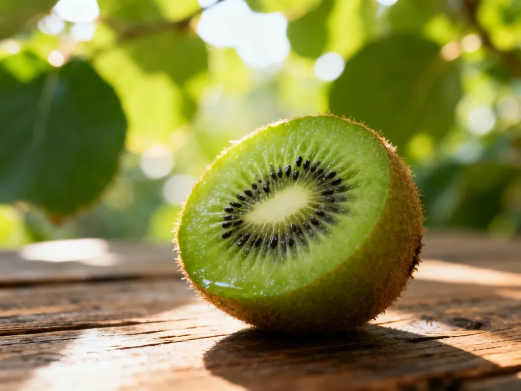 Zbliżenie na przekrojony owoc kiwi z widocznymi czarnymi pestkami na drewnianym stole w naturalnym świetle.