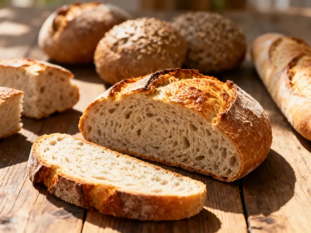 Różne rodzaje pieczywa rzemieślniczego, w tym chleb na zakwasie, ułożone na rustykalnym drewnianym stole.