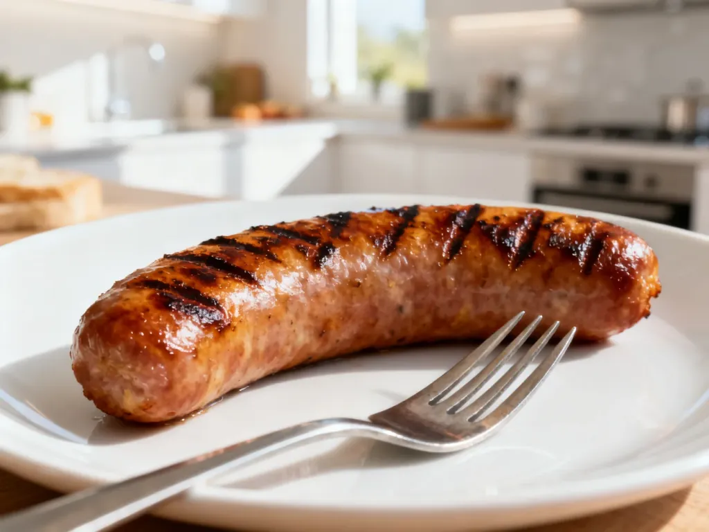 Soczysta grillowana parówka na białym talerzu z widelcem w nowoczesnej kuchni.