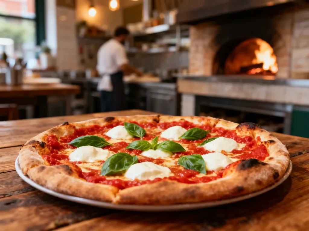 Świeża pizza neapolitańska z mozzarellą i bazylią na drewnianym stole w przytulnej włoskiej pizzerii.