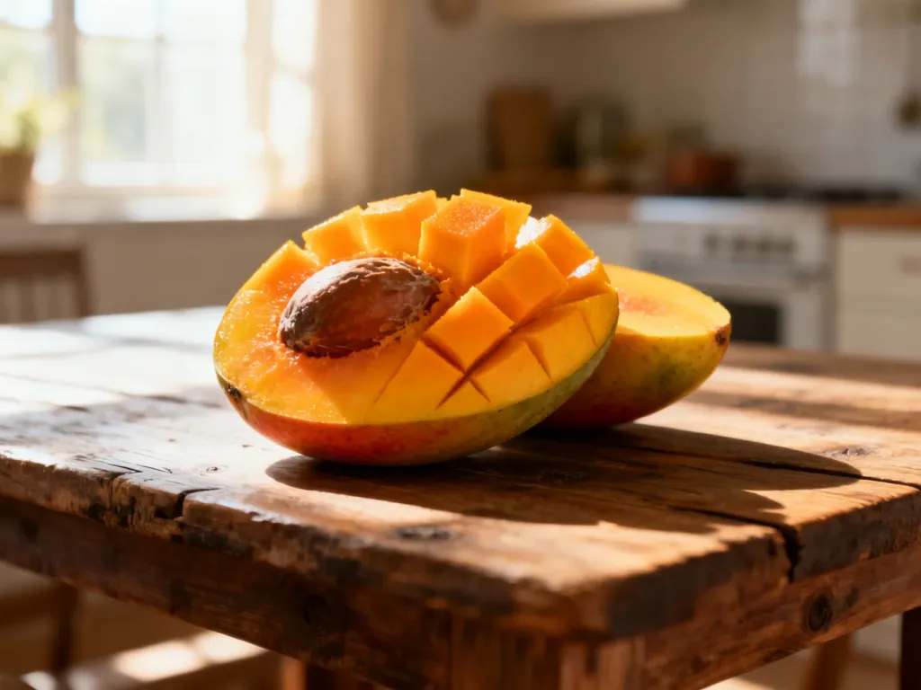 Pokrojone dojrzałe mango z widoczną pestką na drewnianym stole w słonecznej kuchni.